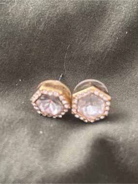 Gold-Tone Hexagon Crystal Stud Earrings - Clear